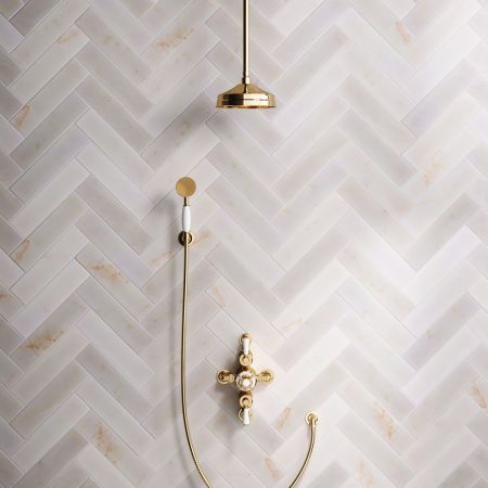 Calder Dual Outlet Shower Kit - Semi-Exposed Valve - 8 inch Rose - White Ceramic Lever - Handshower Hook - Ceiling Mounted Rose - Living Brass