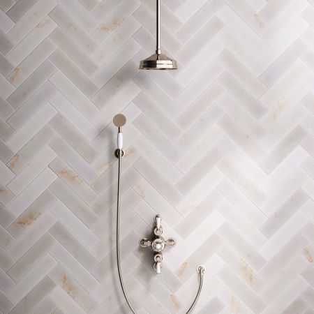 Linton Dual Outlet Semi Exposed Shower with Handshower Hook, 210mm Ceiling Arm, 8" Rose & White Levers in Polished Nickel