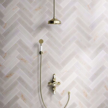 Calder Dual Outlet Shower Kit - Semi-Exposed Valve - 8 inch Rose - White Ceramic Lever - Handshower Hook - Ceiling Mounted Rose - Timeless Brass