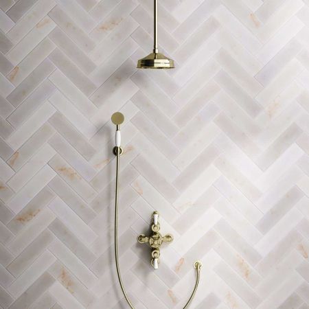 Calder Dual Outlet Shower Kit - Semi-Exposed Valve - 8 inch Rose - White Ceramic Lever - Handshower Hook - Ceiling Mounted Rose - Timeless Brass