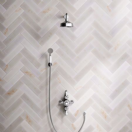 Linton Dual Outlet Semi Exposed Shower with Handshower Hook, 500mm Wall Arm, 6" Rose & White Levers in Chrome