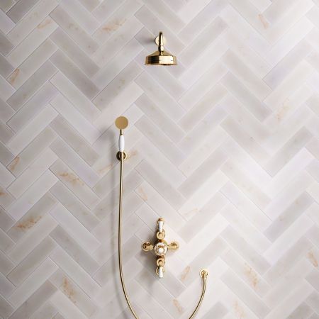 Calder Dual Outlet Shower Kit - Semi-Exposed Valve - 6 inch Rose - White Ceramic Lever - Handshower Hook - Living Brass