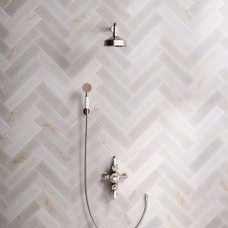 Linton Classic Dual Outlet Semi Exposed Shower with Handshower Hook, 500mm Wall Arm, 6" Rose & White Levers in Polished Nickel