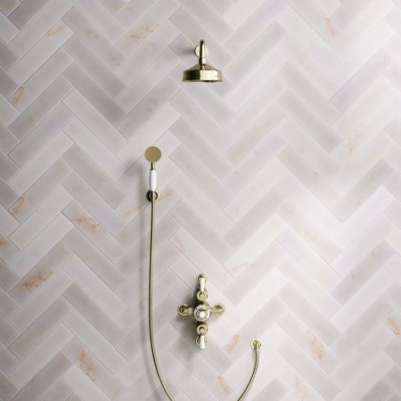 Calder Dual Outlet Shower Kit - Semi-Exposed Valve - 6 inch Rose - 500mm Shower Arm - White Ceramic Lever - Handshower Hook - Timeless Brass