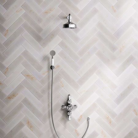 Calder Dual Outlet Shower Kit - Semi-Exposed Valve - 6 inch Rose - White Ceramic Lever - Handshower Hook - Chrome Finish