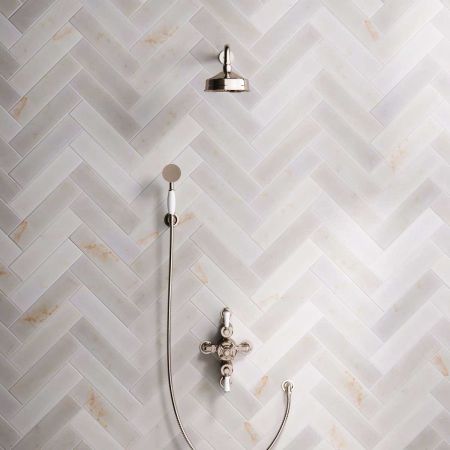 Calder Dual Outlet Shower Kit - Semi-Exposed Valve - 6 inch Rose - White Ceramic Lever - Handshower Hook - Polished Nickel