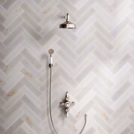 Linton Dual Outlet Semi Exposed Shower with Handshower Hook, 500mm Wall Arm, 8" Rose & White Levers in Polished Nickel