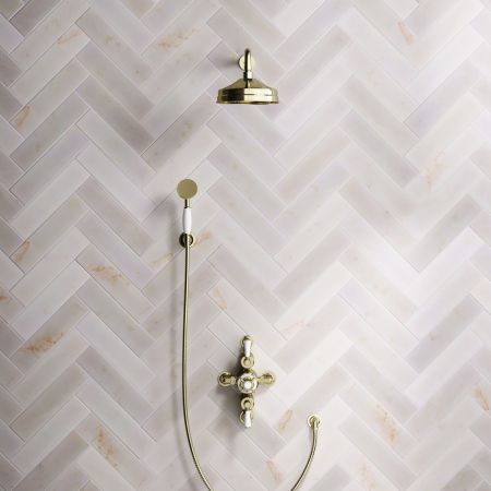 Calder Dual Outlet Shower Kit - Semi-Exposed Valve - 8 inch Rose - 500mm Shower Arm - White Ceramic Lever - Handshower Hook - Timeless Brass