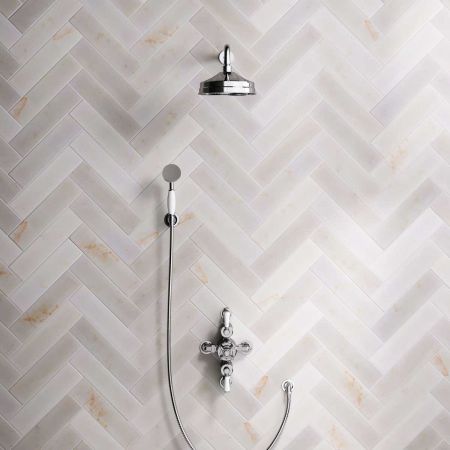 Calder Dual Outlet Shower Kit - Semi-Exposed Valve - 8 inch Rose - White Ceramic Lever - Handshower Hook - Chrome Finish