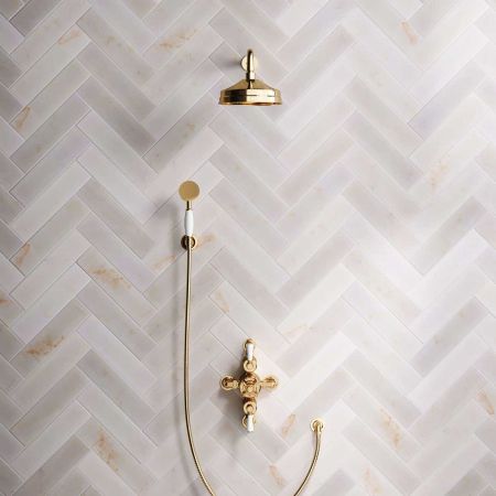 Calder Dual Outlet Shower Kit - Semi-Exposed Valve - 8 inch Rose - White Ceramic Lever - Handshower Hook - Living Brass