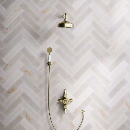 Calder Dual Outlet Shower Kit - Semi-Exposed Valve - 8 inch Rose - 500mm Shower Arm - White Ceramic Lever - Handshower Hook - Timeless Brass