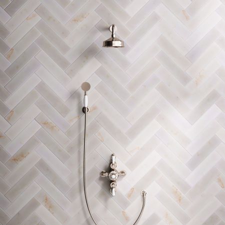 Linton Dual Outlet Semi Exposed Shower with Handshower Hook, 300mm Wall Arm, 6" Rose & White Levers in Polished Nickel