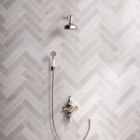 Calder Dual Outlet Shower Kit - Semi-Exposed Valve - 6 inch Rose - White Ceramic Lever - Handshower Hook - Polished Nickel