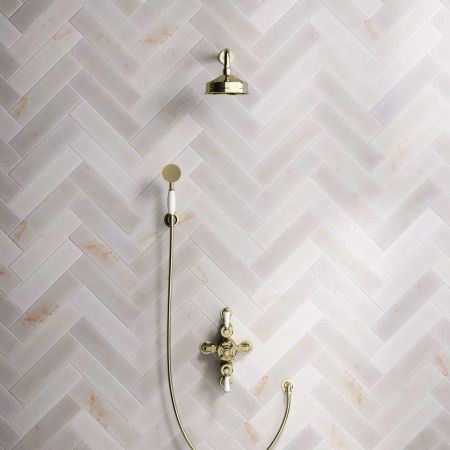 Calder Dual Outlet Shower Kit - Semi-Exposed Valve - 6 inch Rose - White Ceramic Lever - Handshower Hook - Timeless Brass