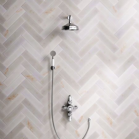 Linton Dual Outlet Semi Exposed Shower with Handshower Hook, 300mm Wall Arm, 8" Rose & White Levers in Chrome