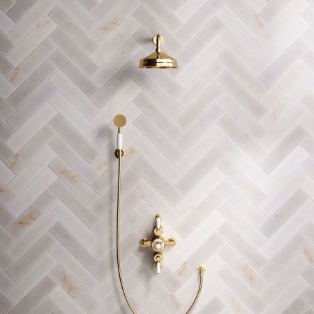 Calder Dual Outlet Shower Kit - Semi-Exposed Valve - 8 inch Rose - White Ceramic Lever - Handshower Hook - Living Brass