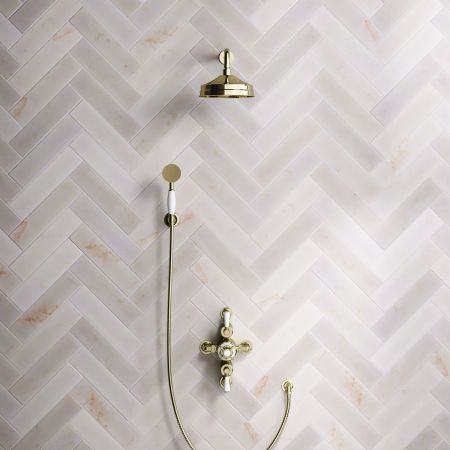 Calder Dual Outlet Shower Kit - Semi-Exposed Valve - 8 inch Rose - White Ceramic Lever - Handshower Hook - Timeless Brass