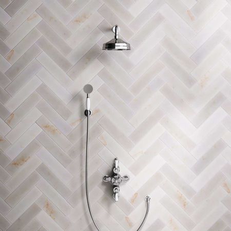 Calder Dual Outlet Shower Kit - Semi-Exposed Valve - 8 inch Rose - White Ceramic Lever - Handshower Hook - Chrome Finish