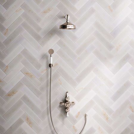 Calder Dual Outlet Shower Kit - Semi-Exposed Valve - 8 inch Rose - White Ceramic Lever - Handshower Hook - Polished Nickel