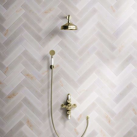 Calder Dual Outlet Shower Kit - Semi-Exposed Valve - 8 inch Rose - White Ceramic Lever - Handshower Hook - Timeless Brass