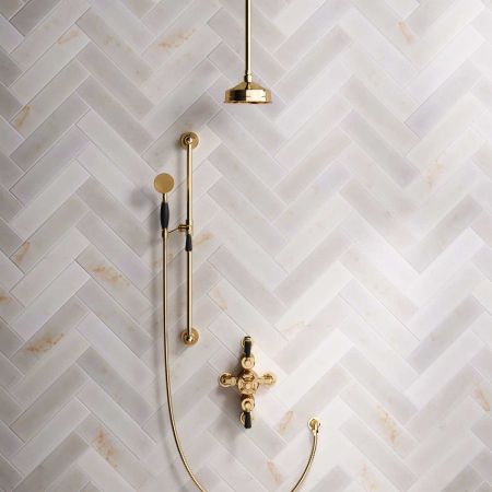 Calder Dual Outlet Shower Kit - Semi-Exposed Valve - 6 inch Rose - Black Ceramic Lever - Handshower Slider-Rail - Ceiling Mounted Rose - Living Brass