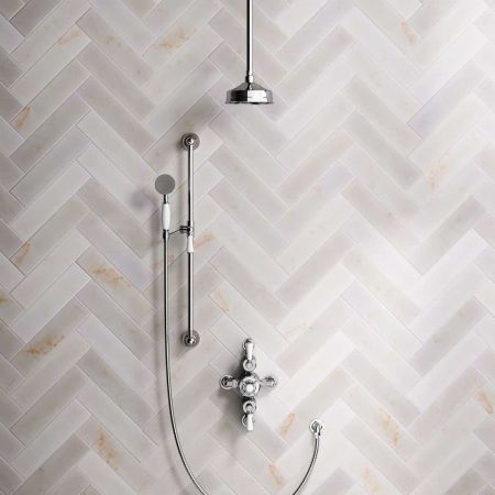 Linton Dual Outlet Semi Exposed Shower with Slider Rail, 210mm Ceiling Arm, 6" Rose & White Levers in Chrome