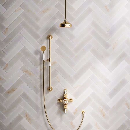 Calder Dual Outlet Shower Kit - Semi-Exposed Valve - 6 inch Rose - White Ceramic Lever - Handshower Slider-Rail - Ceiling Mounted Rose - Living Brass