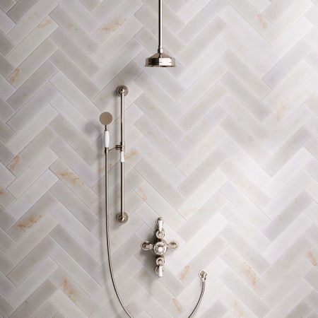 Linton Dual Outlet Semi Exposed Shower with Slider Rail, 210mm Ceiling Arm, 6" Rose & White Levers in Polished Nickel