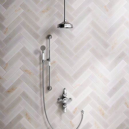 Linton Dual Outlet Semi Exposed Shower with Slider Rail, 210mm Ceiling Arm, 8" Rose & White Levers in Chrome