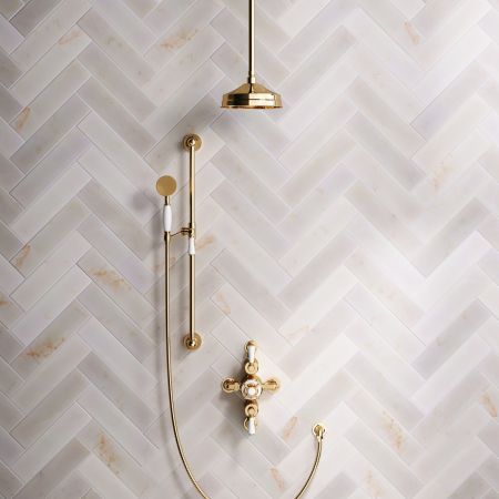 Calder Dual Outlet Shower Kit - Semi-Exposed Valve - 8 inch Rose - White Ceramic Lever - Handshower Slider-Rail - Ceiling Mounted Rose - Living Brass