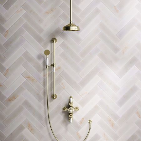 Calder Dual Outlet Shower Kit - Semi-Exposed Valve - 8 inch Rose - White Ceramic Lever - Handshower Slider-Rail - Ceiling Mounted Rose - Timeless Brass