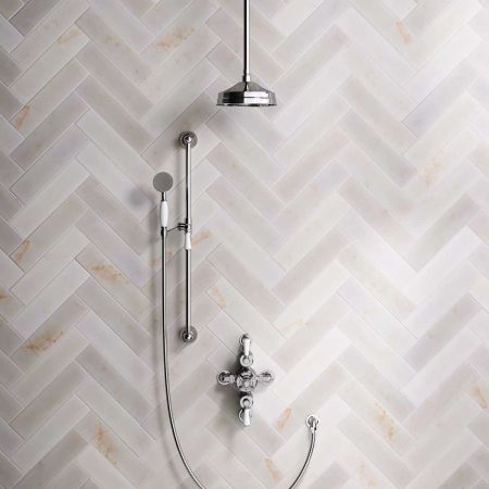 Calder Dual Outlet Shower Kit - Semi-Exposed Valve - 8 inch Rose - White Ceramic Lever - Handshower Slider-Rail - Ceiling Mounted Rose - Chrome Finish