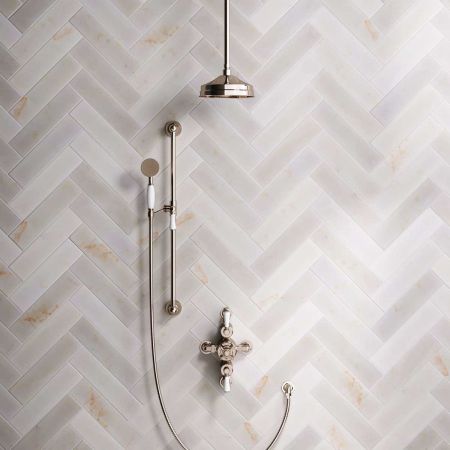 Calder Dual Outlet Shower Kit - Semi-Exposed Valve - 8 inch Rose - White Ceramic Lever - Handshower Slider-Rail - Ceiling Mounted Rose - Polished Nickel