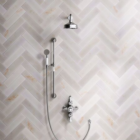 Linton Dual Outlet Semi Exposed Shower with Slider Rail, 500mm Wall Arm, 6" Rose & White Levers in Chrome