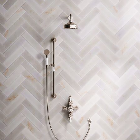 Linton Dual Outlet Semi Exposed Shower with Slider Rail, 500mm Wall Arm, 6" Rose & White Levers in Polished Nickel