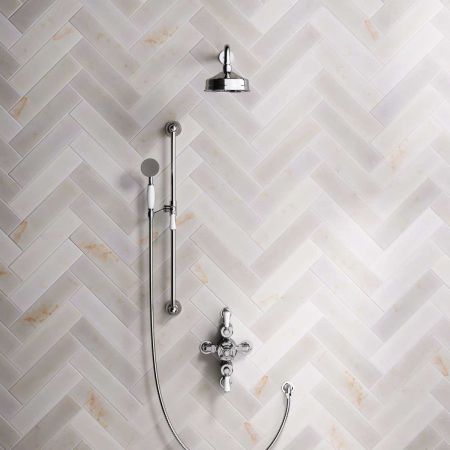 Calder Dual Outlet Shower Kit - Semi-Exposed Valve - 6 inch Rose - White Ceramic Lever - Handshower Slider-Rail - Chrome Finish