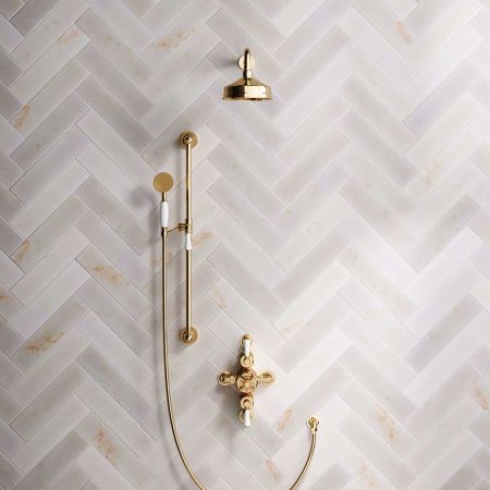 Calder Dual Outlet Shower Kit - Semi-Exposed Valve - 6 inch Rose - White Ceramic Lever - Handshower Slider-Rail - Living Brass