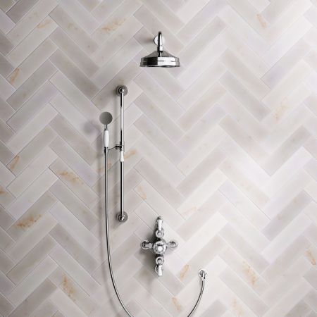 Linton Dual Outlet Semi Exposed Shower with Slider Rail, 500mm Wall Arm, 8" Rose & White Levers in Chrome