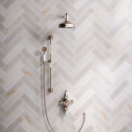 Calder Dual Outlet Shower Kit - Semi-Exposed Valve - 8 inch Rose - White Ceramic Lever - Handshower Slider-Rail - Polished Nickel