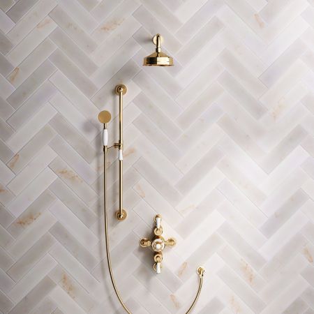Calder Dual Outlet Shower Kit - Semi-Exposed Valve - 6 inch Rose - White Ceramic Lever - Handshower Slider-Rail - Living Brass