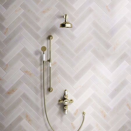 Calder Dual Outlet Shower Kit - Semi-Exposed Valve - 6 inch Rose - White Ceramic Lever - Handshower Slider-Rail - Timeless Brass