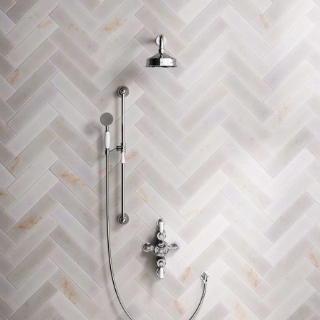 Calder Dual Outlet Shower Kit - Semi-Exposed Valve - 6 inch Rose - White Ceramic Lever - Handshower Slider-Rail - Chrome Finish