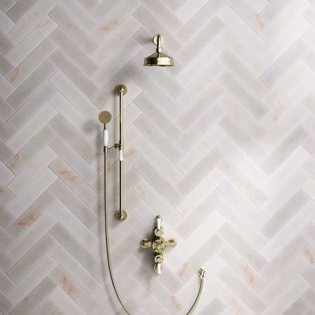 Calder Dual Outlet Shower Kit - Semi-Exposed Valve - 8 inch Rose - White Ceramic Lever - Handshower Slider-Rail - Timeless Brass