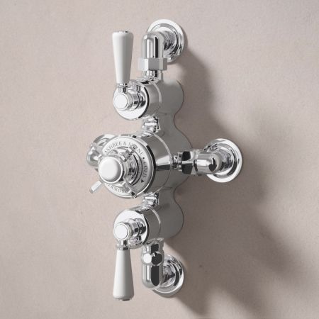 Linton Dual Outlet Semi Exposed Shower with Slider Rail, 210mm Ceiling Arm & 8" Rose - White Lever & Ceramic - Chrome