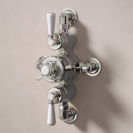 Linton Dual Outlet Semi Exposed Shower with Slider Rail, 210mm Ceiling Arm & 8" Rose - White Lever & Ceramic - Polished Nickel