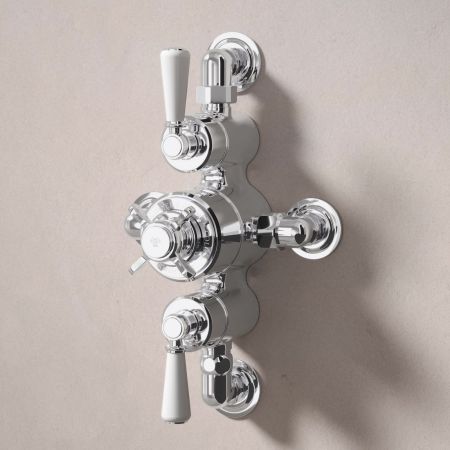 Linton Dual Outlet Semi Exposed Shower with Handshower Hook, 210mm Ceiling Arm & 6" Rose - White Lever - Chrome