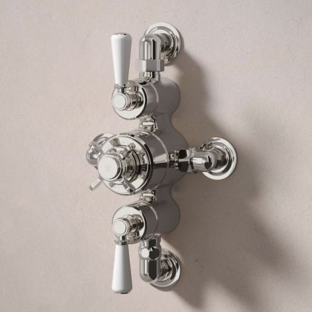 Linton Dual Outlet Semi Exposed Shower with Slider Rail, 500mm Wall Arm & 6" Rose - White Lever - Polished Nickel