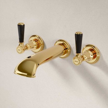 Linton - 3-Hole Bath Filler - Wall Mounted - Black Lever - Brass