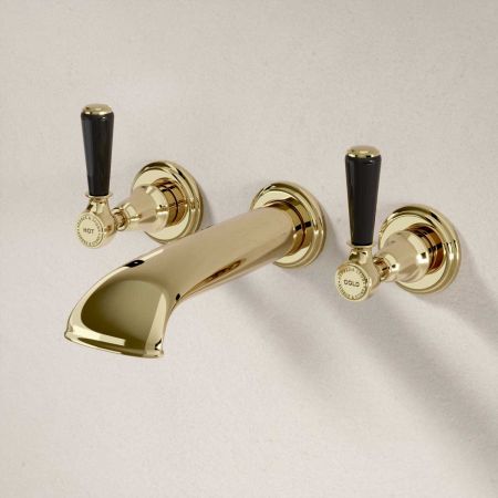 Linton Wall Mounted 3 Hole Bath Filler - Black Lever - Timeless Brass