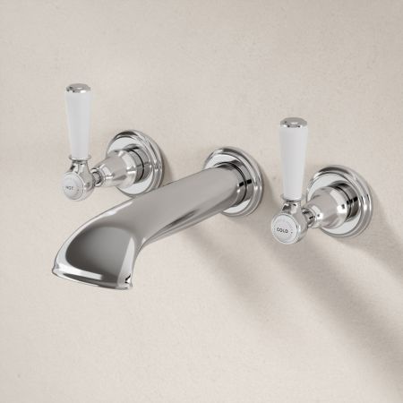 Linton Wall Mounted 3 Hole Bath Filler - White Lever & Ceramics - Chrome